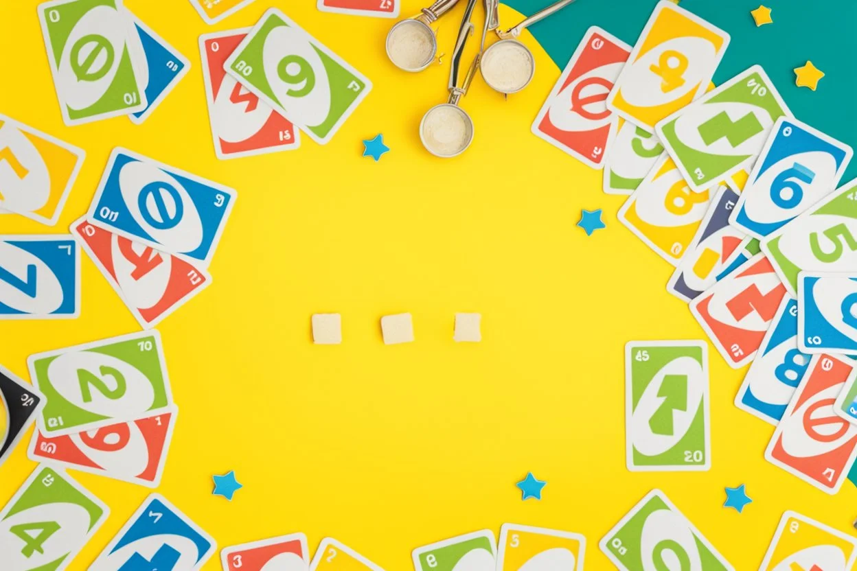 Create a vibrant and engaging image for Uno cards themed slides. Include iconic Uno card elements such as colorful numbers (0-9) and action cards (Skip, Reverse, Draw Two, Wild). Use a balanced composition and vibrant color palette to make the image visually appealing for presentation slides.