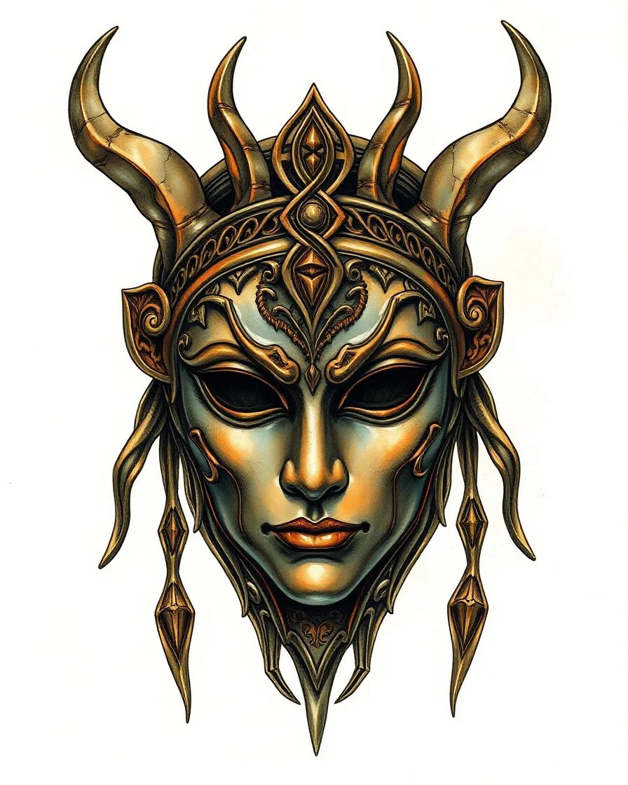 create a full color ink wash and watercolor illustration of a rich patina, ancient bronze female druid ceremonial mask representing Morrigan, utilizing historic Celtic decorative motifs, intricately detailed and sharply defined in the style of Arthur Rackham and Kay Nielsen