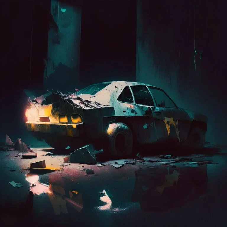 car concrete fragments illuminated at night style of Justin Mortimer