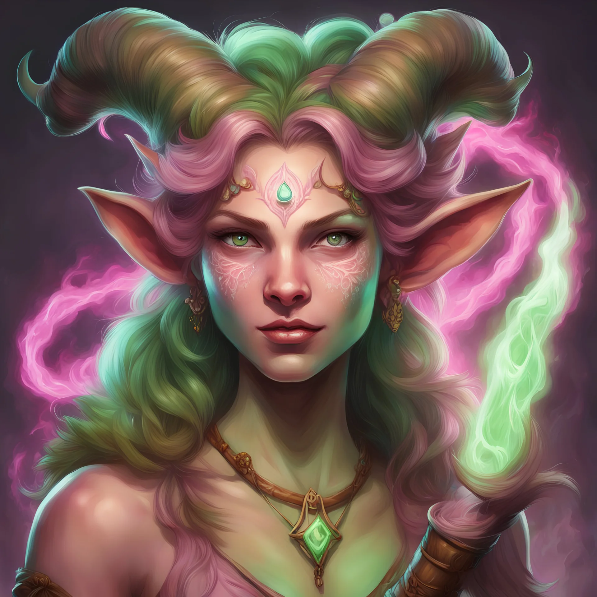 Generate a dungeons and dragons character portrait of a female Satyr named Lara. She is a trickster and manipulative. She is a warlock blessed by a Fey patron and radiates her patron's magic. She is wielding a magical flute she uses when casting spells. She radiates pink energy magic that is visible. Also make her flute visible. She is wearing green and brown clothes.