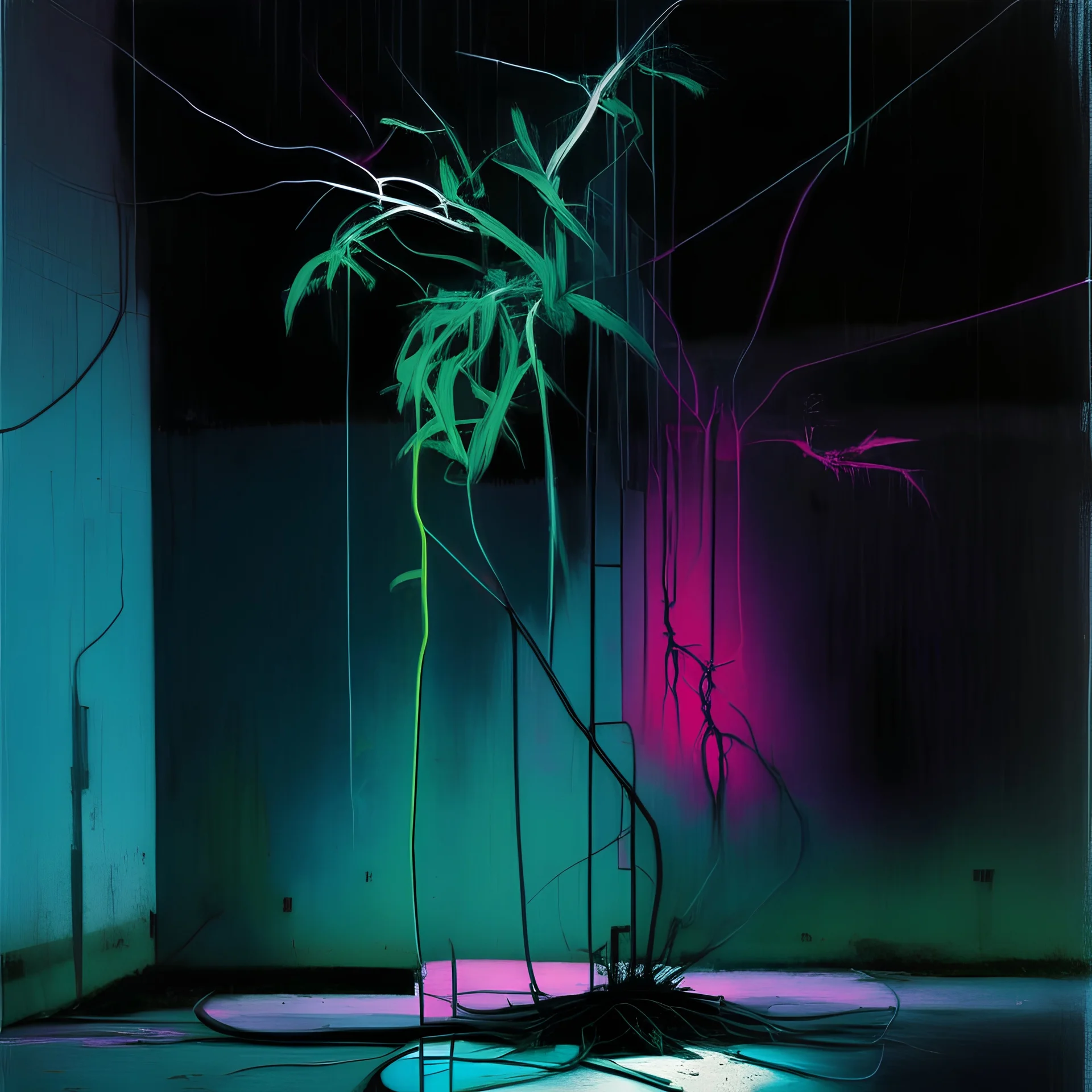 Minimal abstract oil painting of a neon plant in concrete warehouse brutalist architecture and hanging wires illuminated at night. With neon triadic colours. In the style of Justin Mortimer and Phil Hale, Ashley Wood