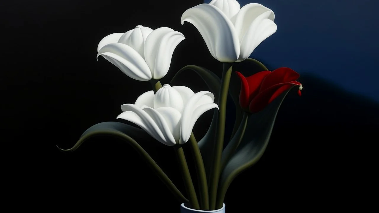 Three white calla lilies in a black vase, with a gray and red background against a blue sky, in the style of David Hockney. The colors, soft shadows, minimalism, and smooth curves create a high-resolution, hyperrealistic image with exceptional detail.