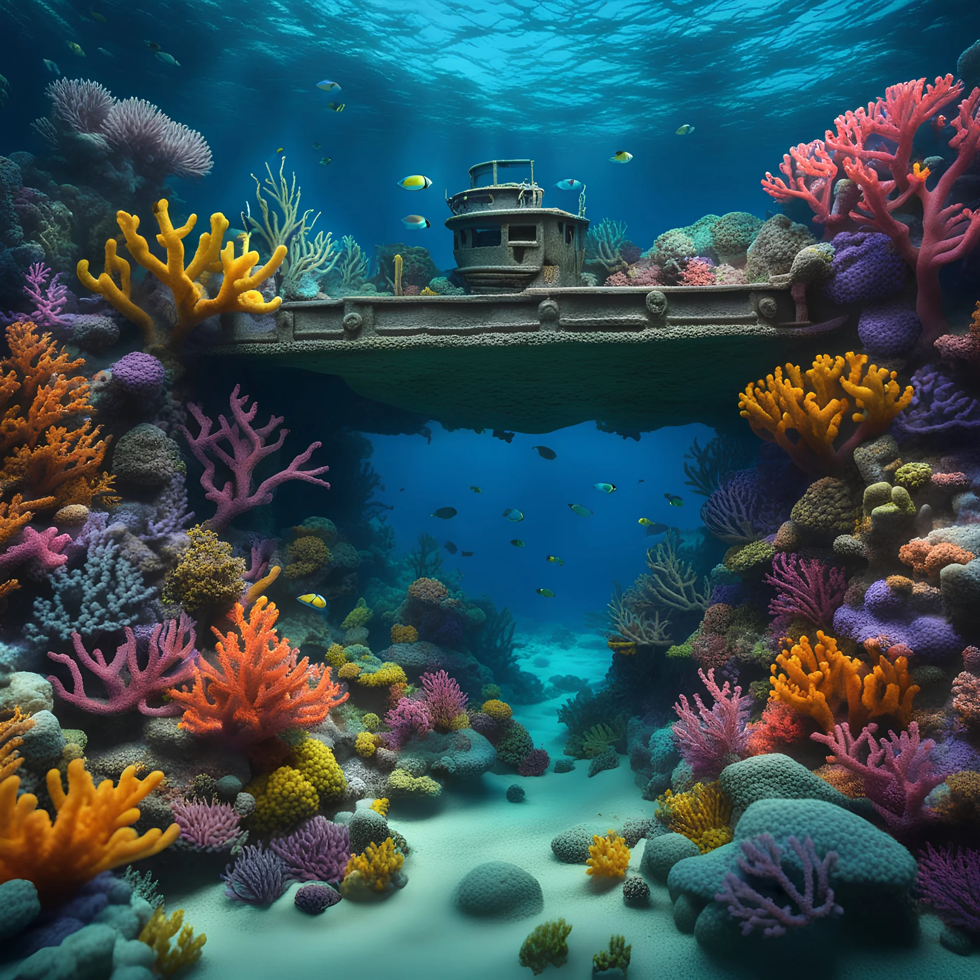 Claymation underwater scene of a sunken ship by a vibrant coral reef, soft clay textures, detailed marine life, underwater lighting, artistic, colorful, claymation, vibrant coral reef, sunken ship, marine life, soft clay textures, underwater lighting, detailed, artistic, realistic photo, 8K