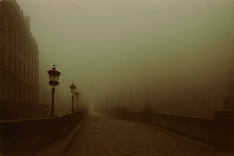 Dark street creepy fog colours strong texture artistic polaroid volumetric light, Yves Tanguy René Magritte Gustav Klimt 8k 3d abstractism