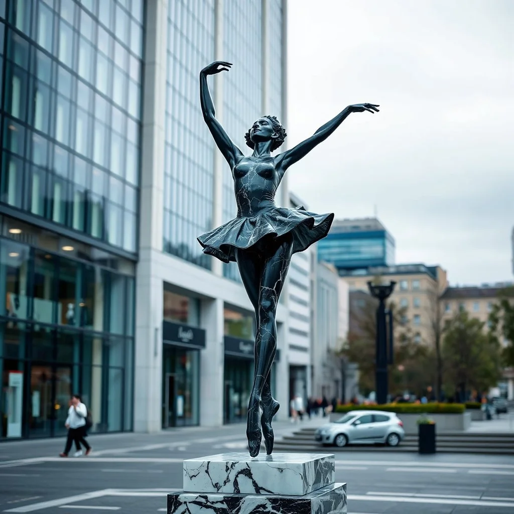 photo of a statue of ballerina made of black marbel in a modern city center