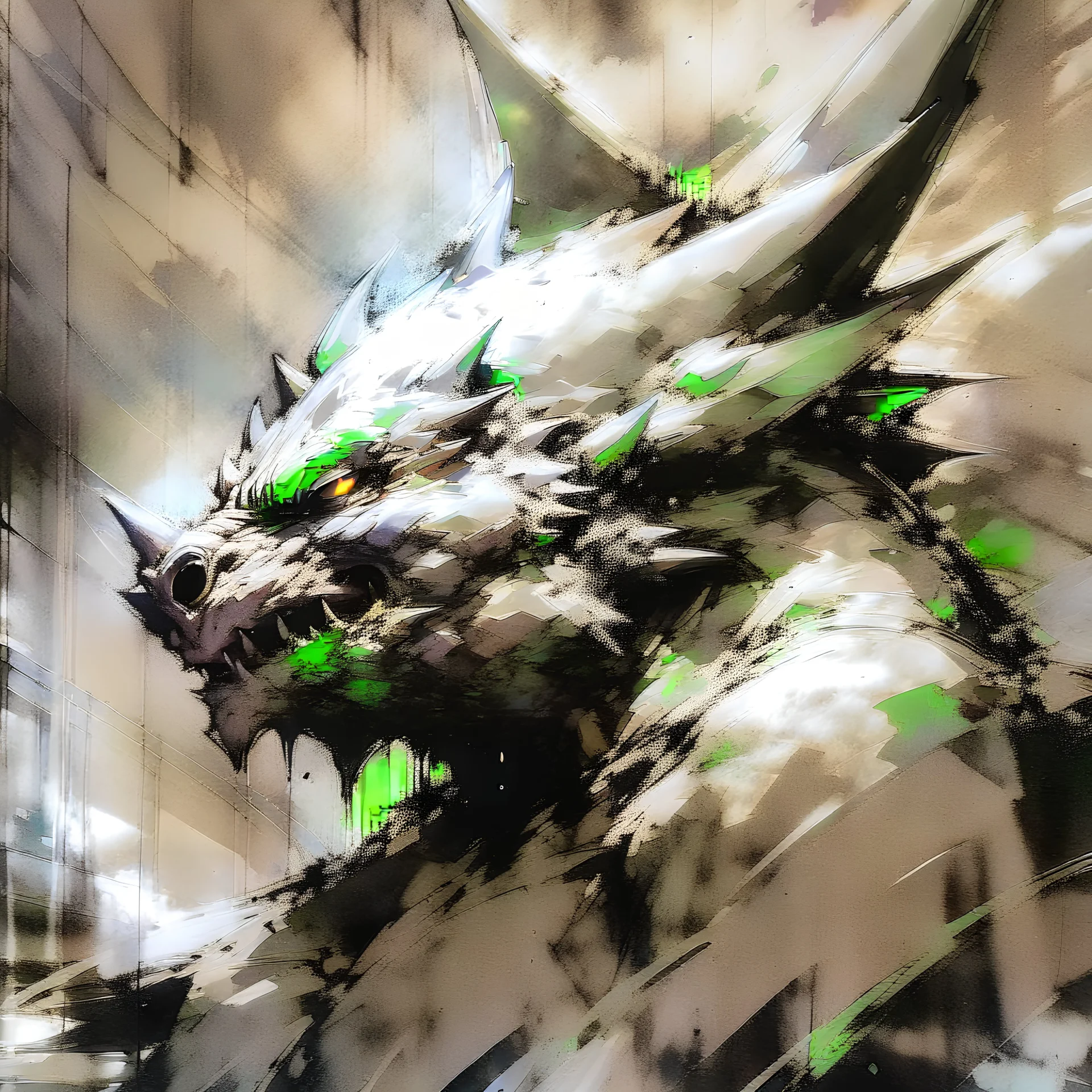 sketch-style painting of a dragon art by Yoji Shinkawa and Valeria Burzo large bats in the background