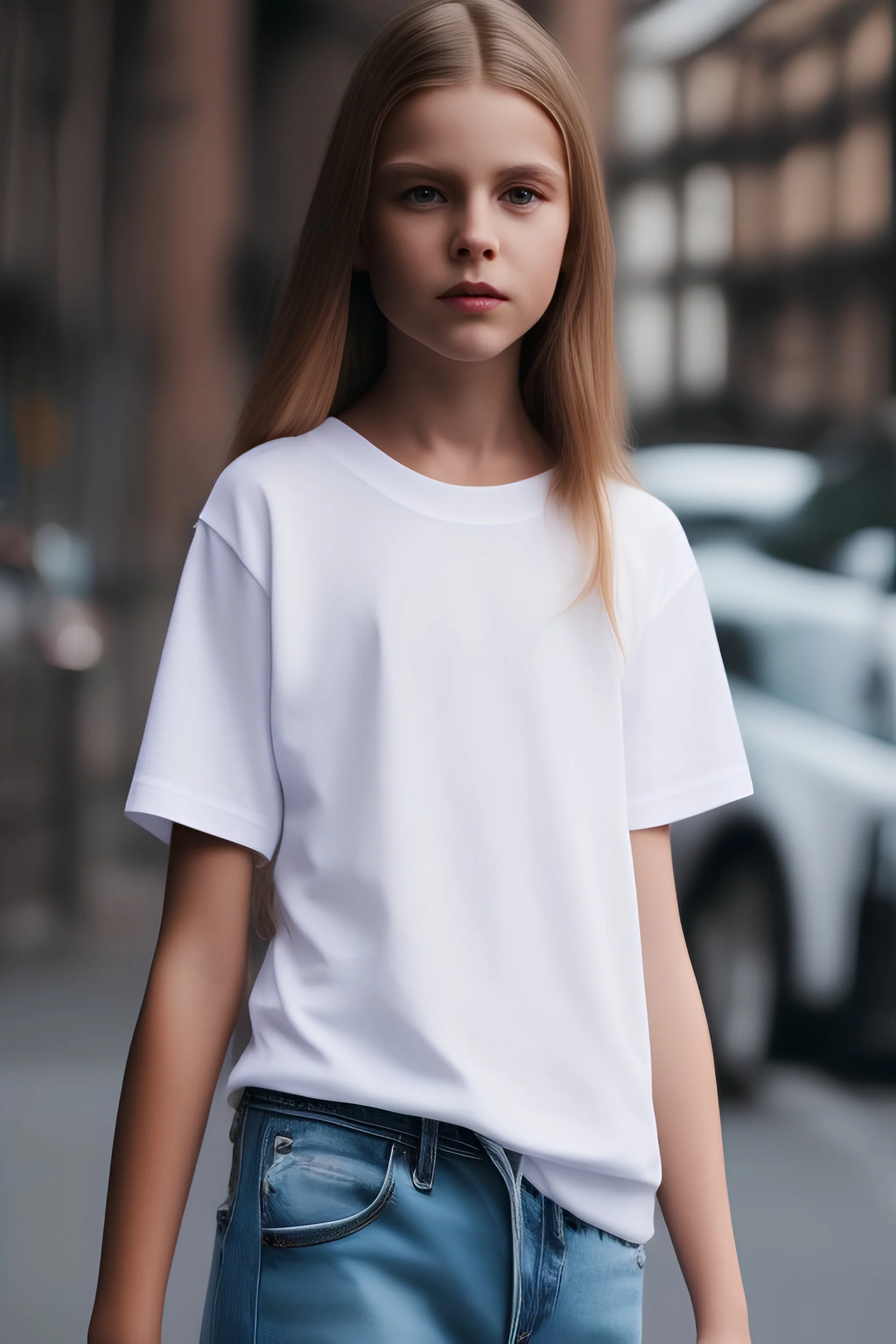 candid picture, (extremely detailed CG unity 8k wallpaper), full shot of a street scene of a beautiful and very tall young 12 year old girl wearing a white t-shirt, jeans, with long blond hair, plateform shoes, Caucasian, Intricate, busy, High Detail, Sharp focus, dramatic, photorealistic, malachite eyes, three point lighting, dslr, f3.5