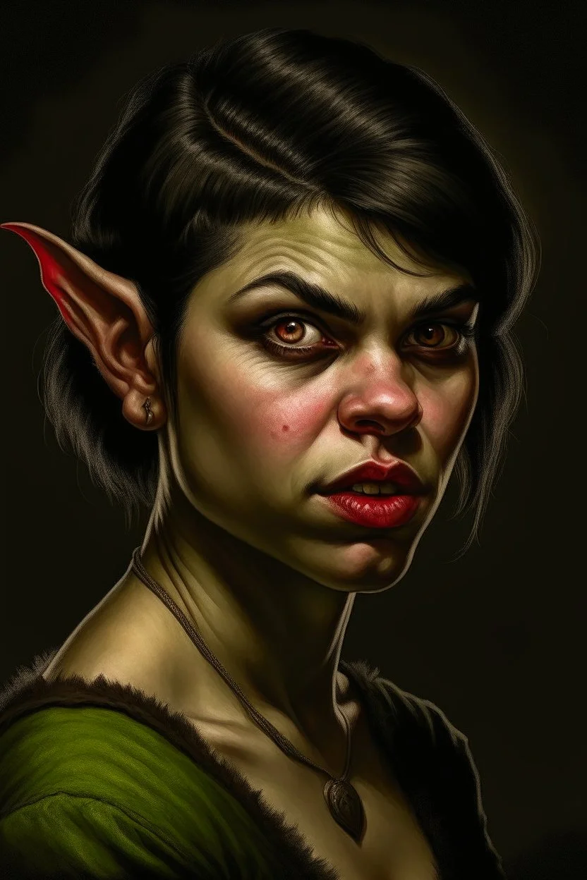 Portrait of a female fantasy orc, short hair, short fangs, Caravaggio style