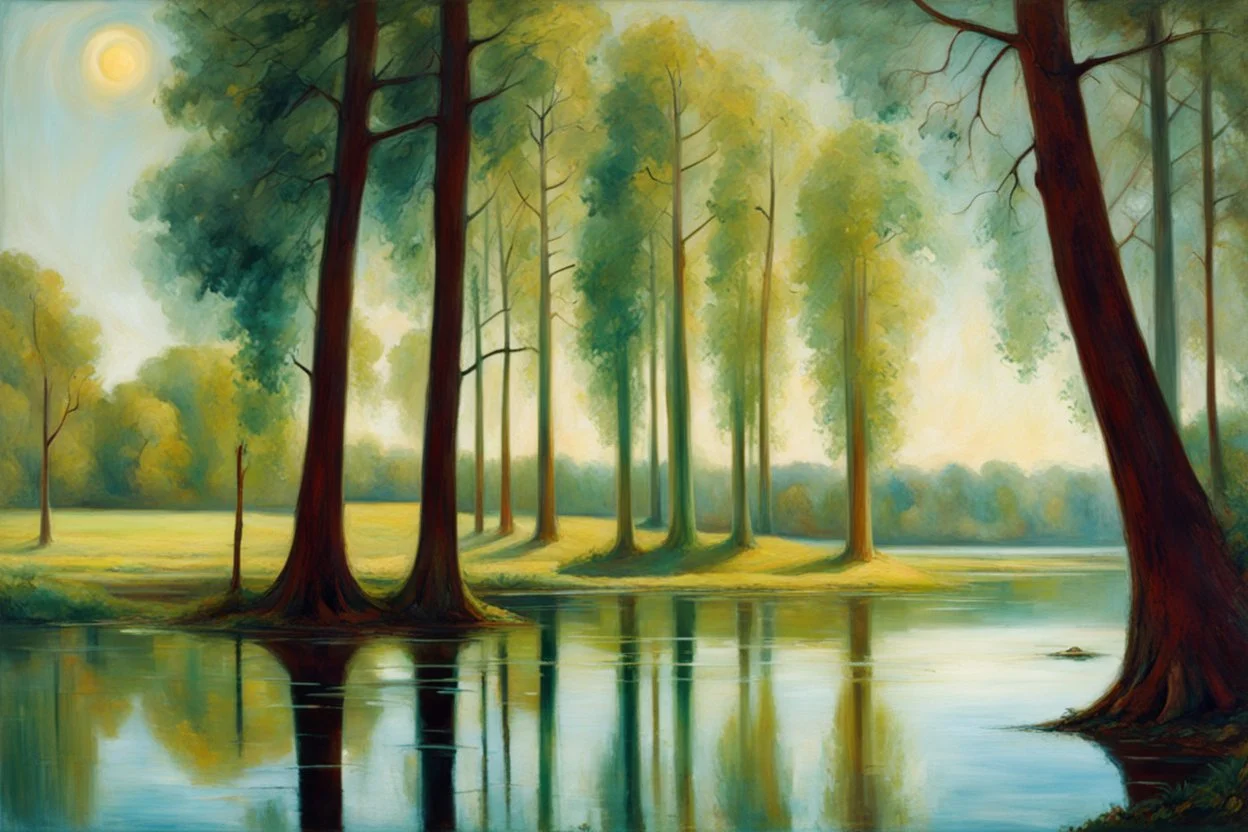 sunny day, lake, trees, sci-fi, trascendent, cosmic influence, friedrich eckenfelder and hans am ende impressionism paintings