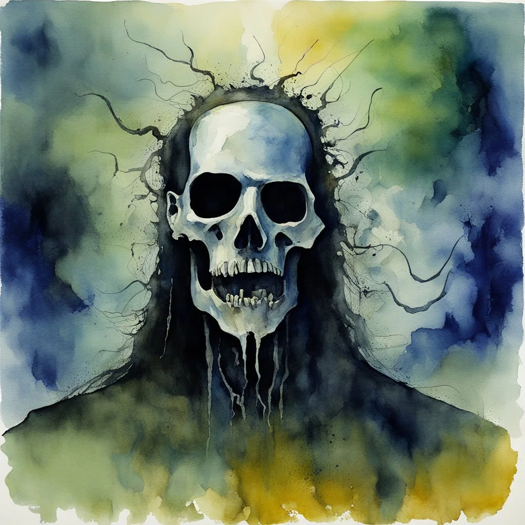 Surreal "SLAYER" heavy metal cover watercolor, Dead Skin Mask - Dance with the dead in my dreams Listen to their hallowed screams, by Arturo Souto and VS Gaitonde, unsettling, expressionistic, macabre