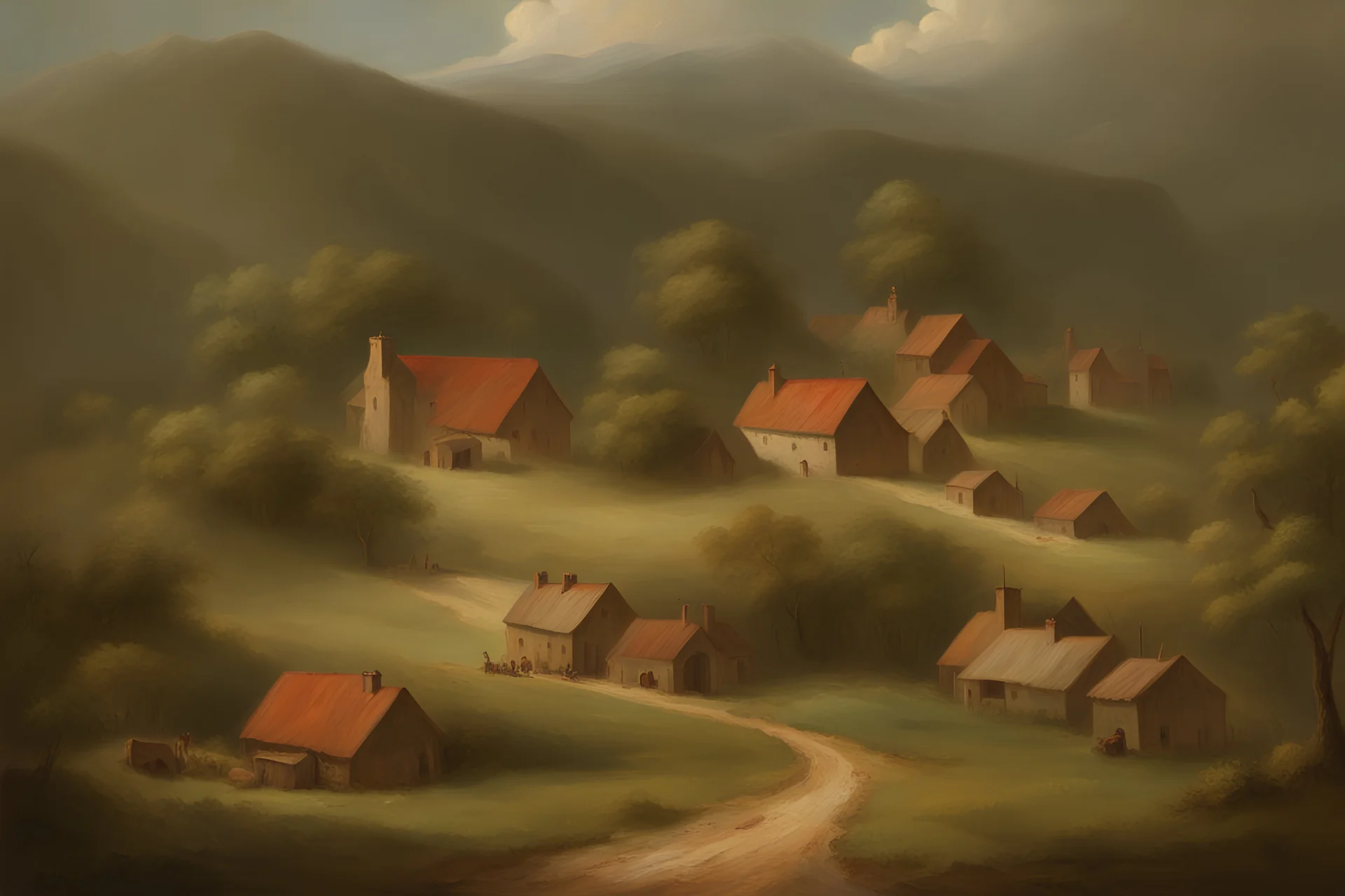 a small village with a few houses in the style of Frederic Edwin Church
