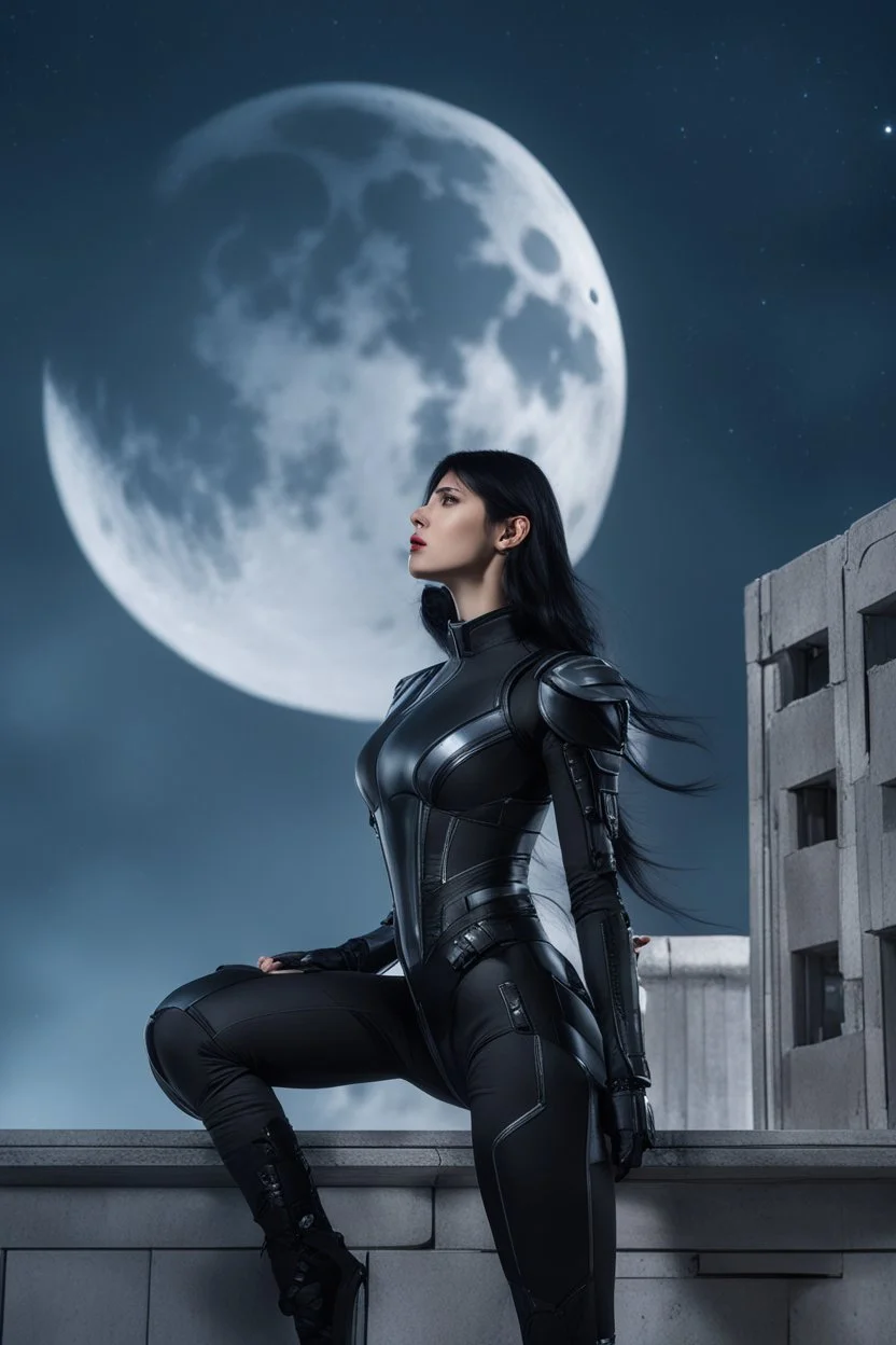 Fantasy Photo Of A Woman With Black Hair, Wearing A android-looking suit, standing sideways On A Ledge of a building, With A waning moon Behind Her Head