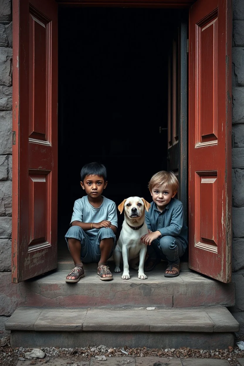 A black one years old boy and a white two years old boy , petting a small dog , sitting on the door steps of the an old paints cracked dirty abandoned house door , behind the open door there is a dark room with old furniture insanely detailed octane render trending on artstation, 8k artistic photography, photorealistic concept art, soft natural volumetric cinematic perfect light, chiaroscuro, award-winning photograph, masterpieces, oil on canvas, Raphael, Caravaggio, Greg Rutkowski, people, beks