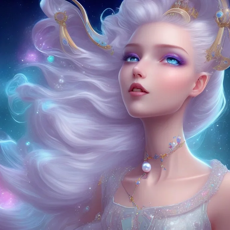 cosmic petit prince belle fine, profil de trois quart, grand front cosmique, peau bleu cristalline, yeux bleu, perle sur le front long cheveux blond et rose etoilé, cristaux sur le corps, collier de grande princesse, levres souriante, très jolie sourire