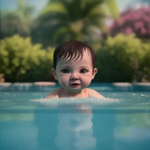 Baby swimming in pool unreal 5, octane render,cinema4d, dynamic lighting, dramatic lighting, 4k, redshift render, highly detailed, hyper realistic.