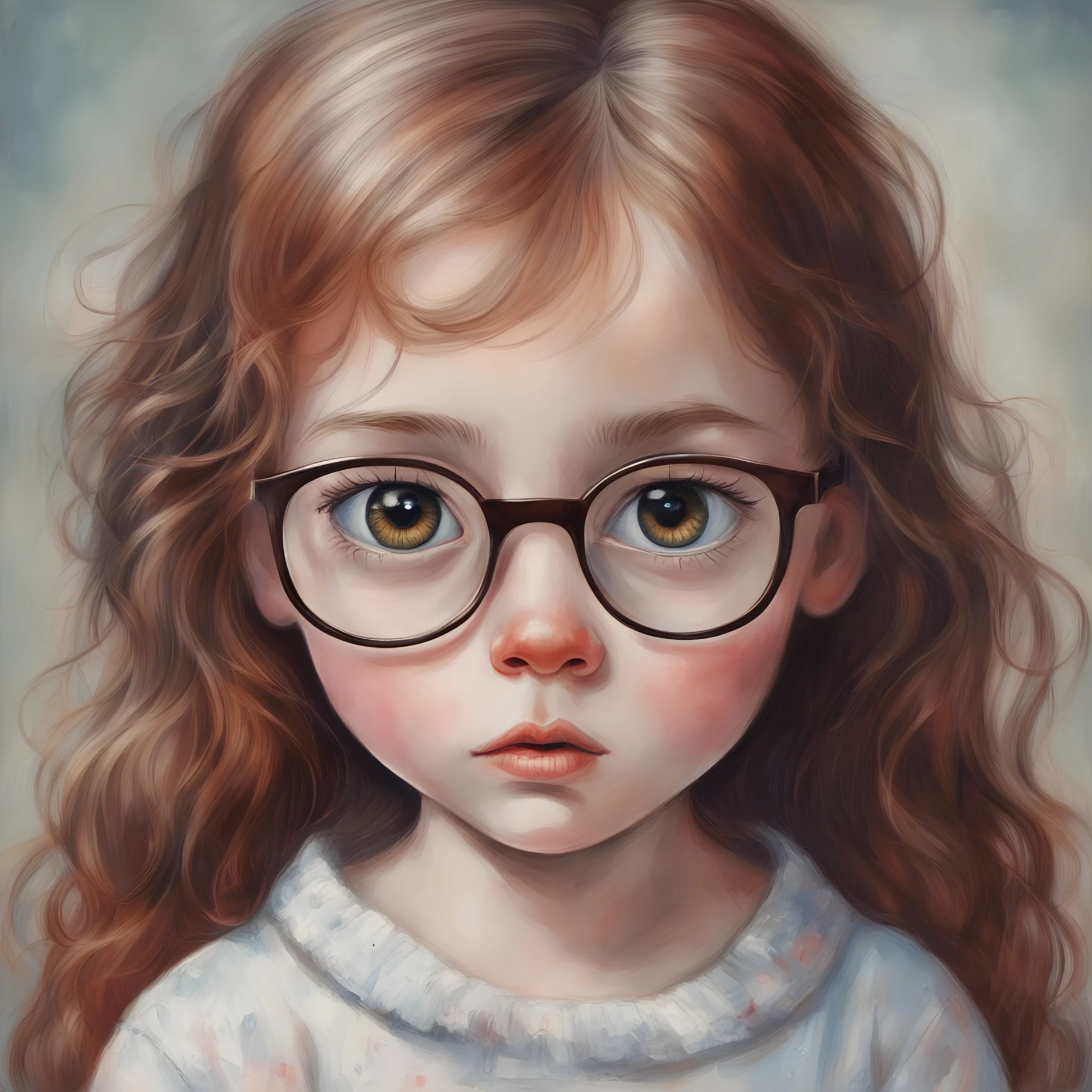 Little girl , in the style of Margaret Keane, long hair, ,very huge damp eyes, large square glasses, close up, very long eyelashes, freckles, red nose