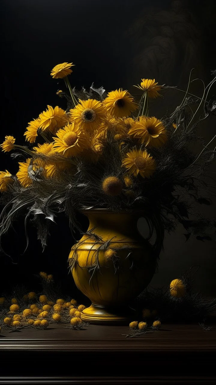 Bosch nightmares paining style Title:a yellow vase with dry dark color flowers 8k artistic photography, photorealistic concept art, soft natural volumetric cinematic perfect light, chiaroscuro, award-winning photograph, masterpiece, oil on canvas, Raphael, Caravaggio, Greg Rutkowski, people, beksinski, Giger
