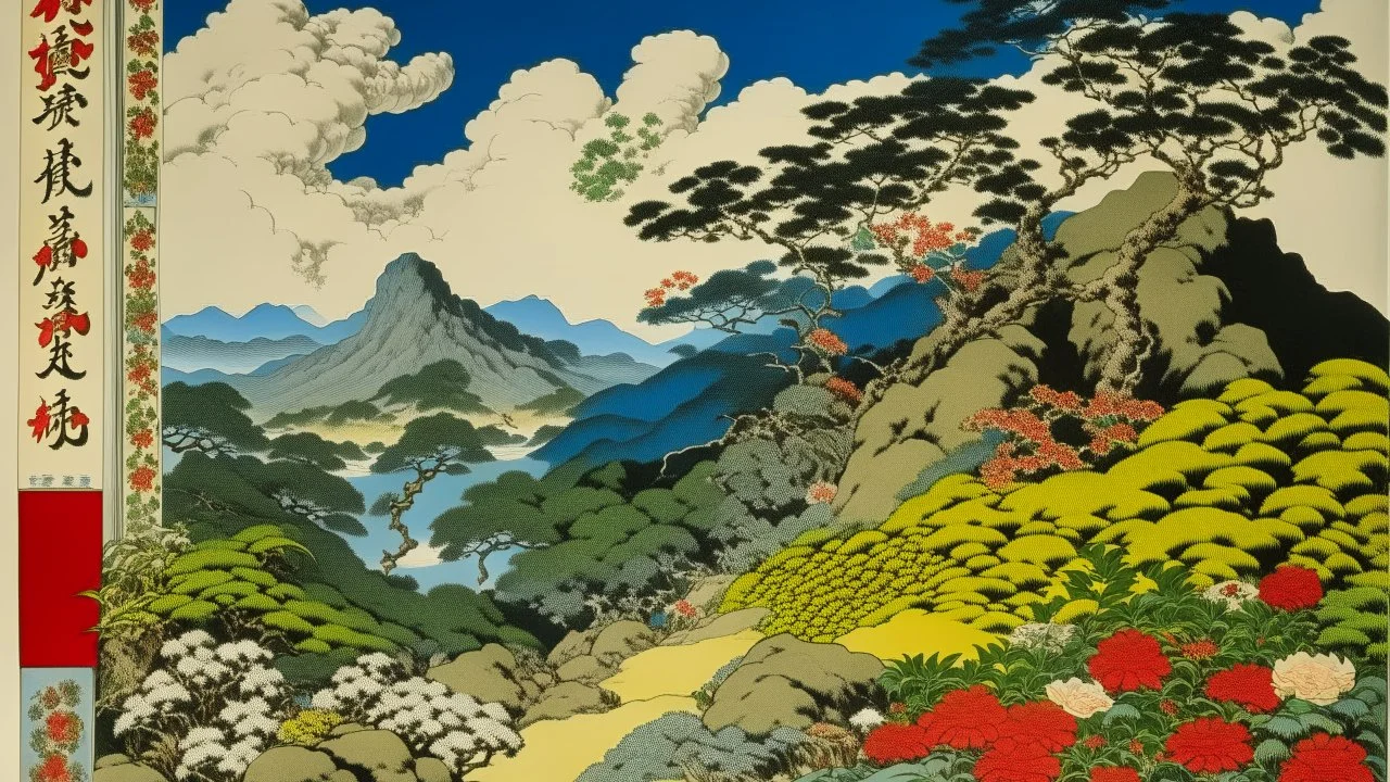 An illustration by Kuniyoshi and Dali of a landscape of blooming flowers and lush vegetation.