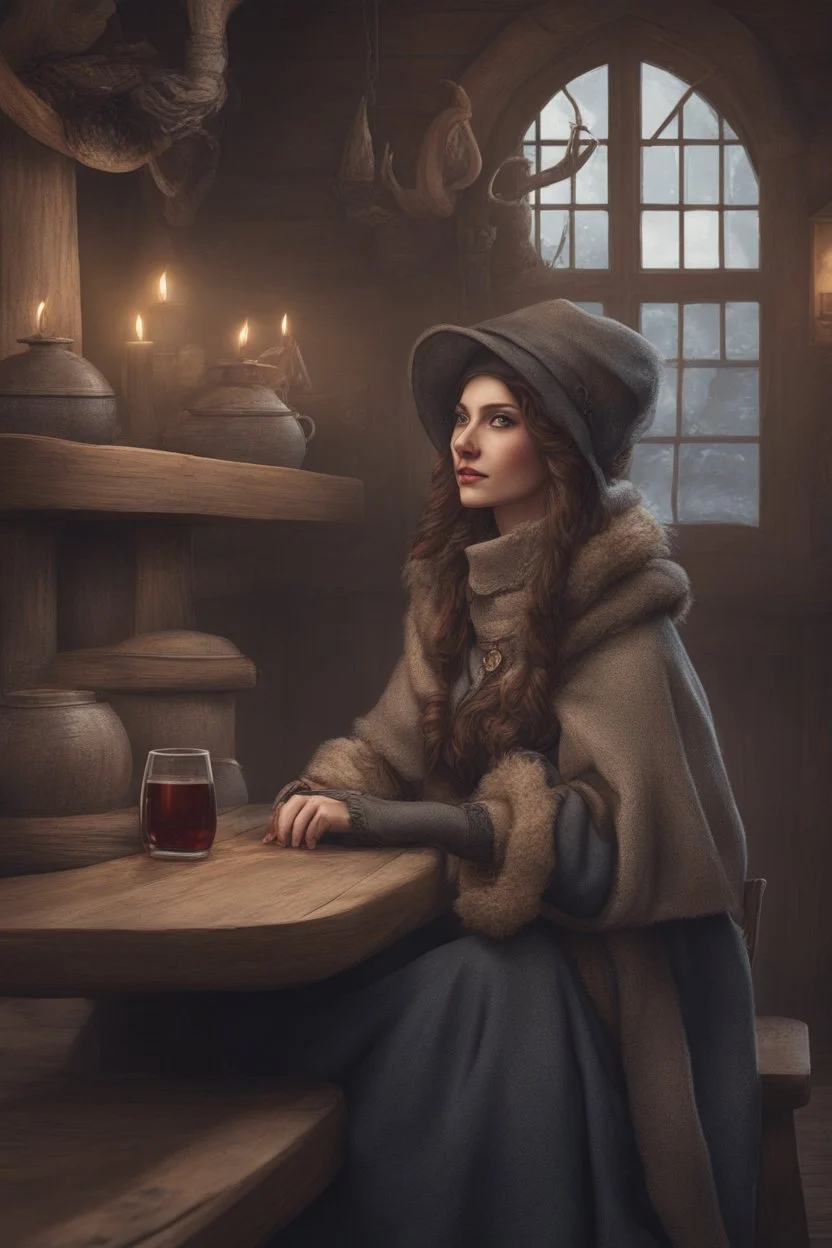 DnD style, medieval beautiful woman dressed in warm winter clothes sitting in a tavern