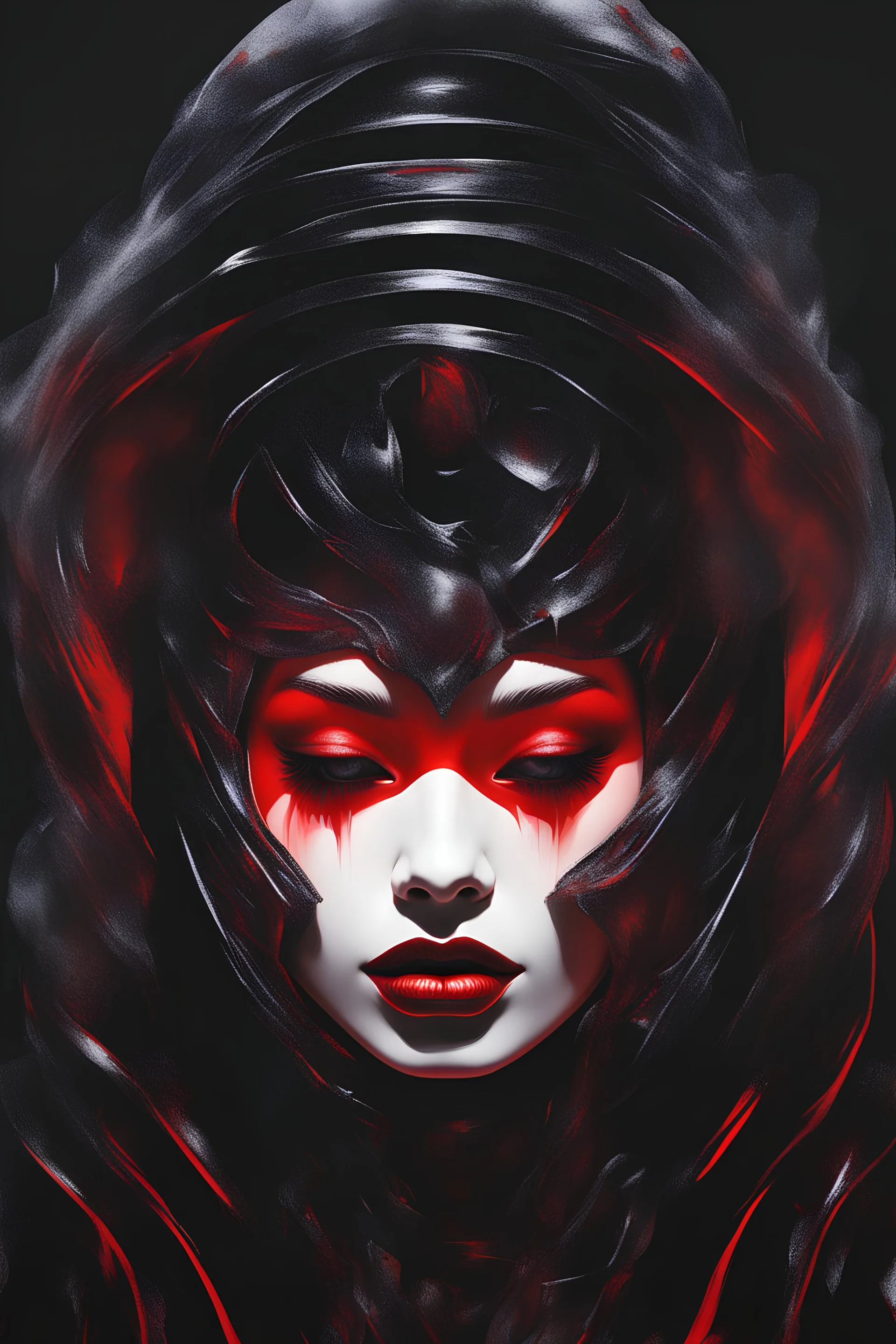 a black and red portrait of a woman's face, neon horror, air brush painting by Hajime Sorayama and Dan Hillier, cgsociety, dark erotica, avant garde gothic androgynous, mixed media, dystopian art, cosmic art, analog horror, nightmarefuel, hauntingly beautiful, beautifully ominous, sharp and razor focused in stunning HD, world class art, unique, modern masterpiece, exceptional, exquisite, dark fantasy, grime, neoism, apocalypse art, calotype