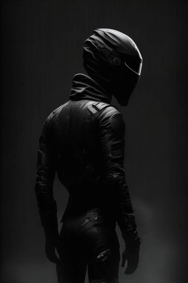 Background is dark grey, almost black. There is a head and torso silhouette looming in the picture, completely masked by a black motorcycle suit.