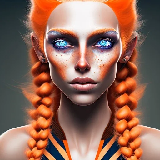 fantasy setting, woman, two-toned streaked orange and white hair, ranger, freckles