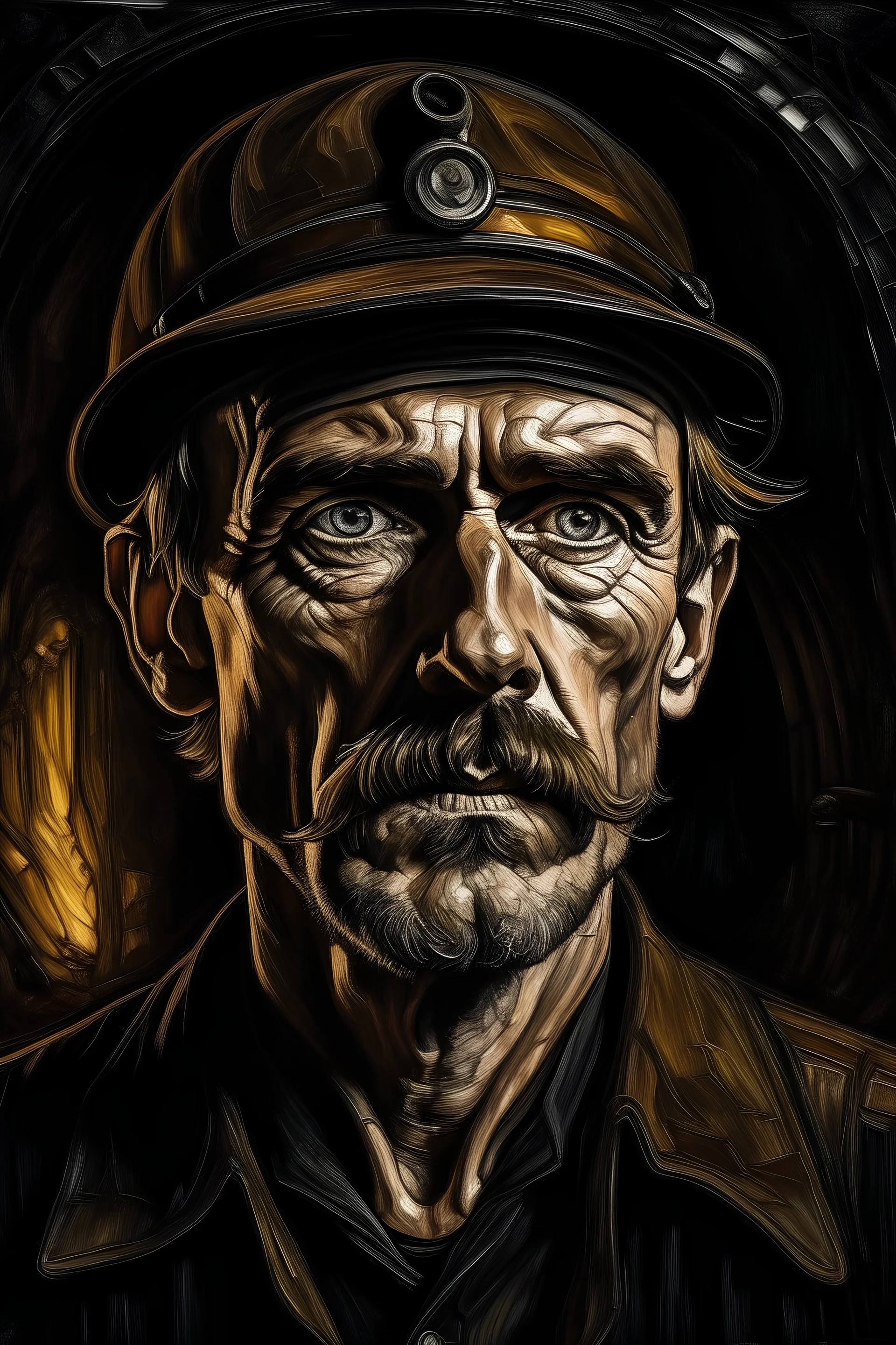 A portrait of a miner in the style of Terry Bradley