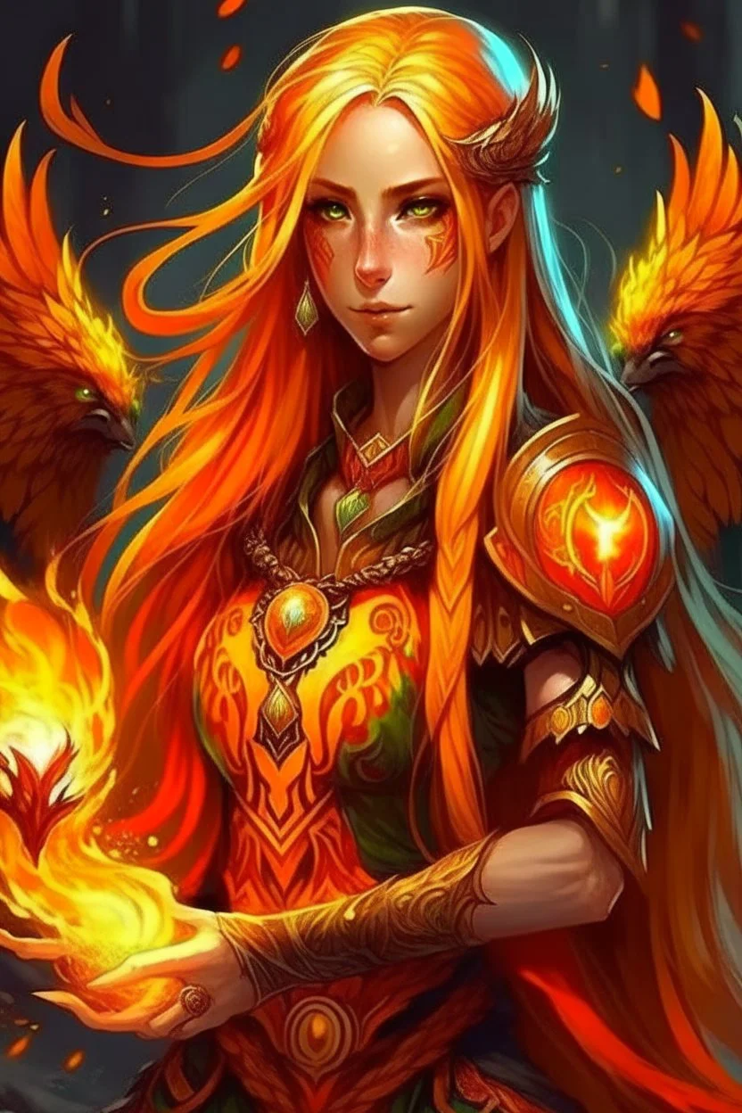 Female paladin Druid. Made from fire. Golden long hair, half braids half down with fire texted. Fire eyes. Makes fire with hands. Has a tattoo of a phoenix and a dragon.