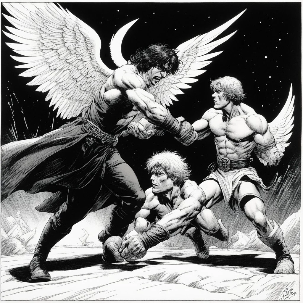 [comic book art by Sam Keith and Bernie Wrightson] Jacob wrestling with angel