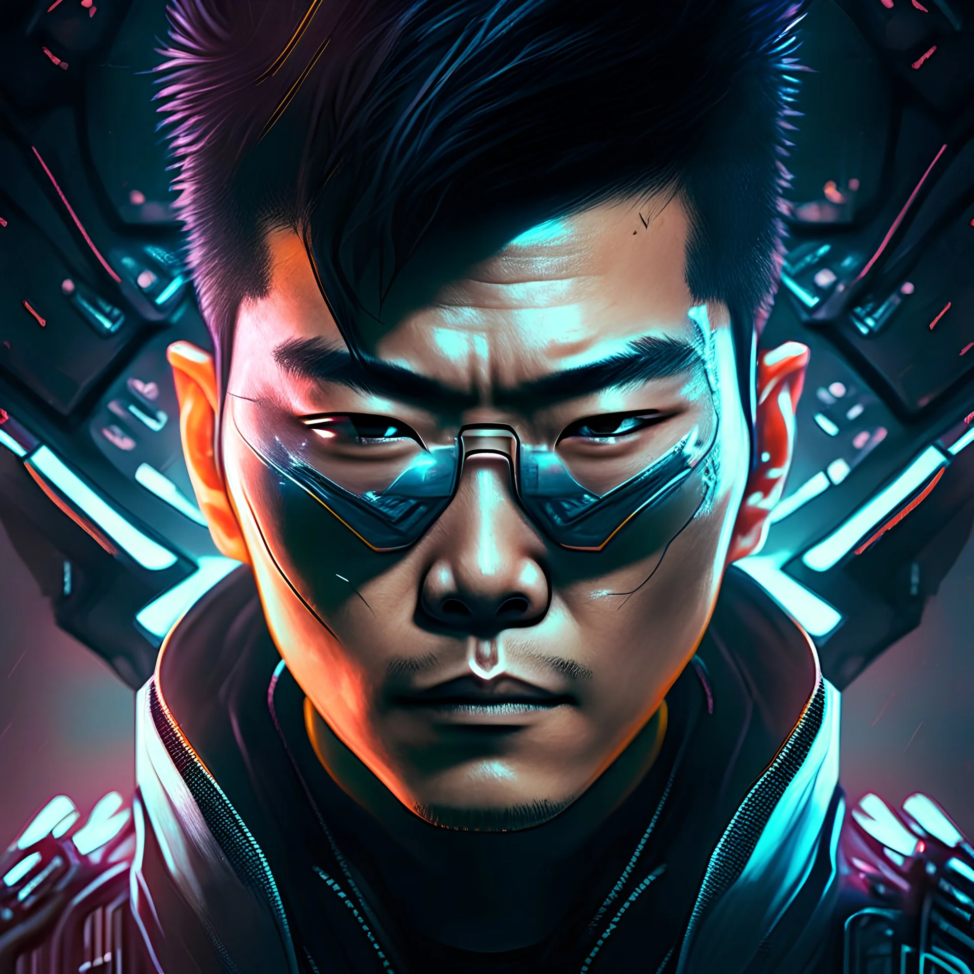 face of an asian man cyberpunk space ship secret agent