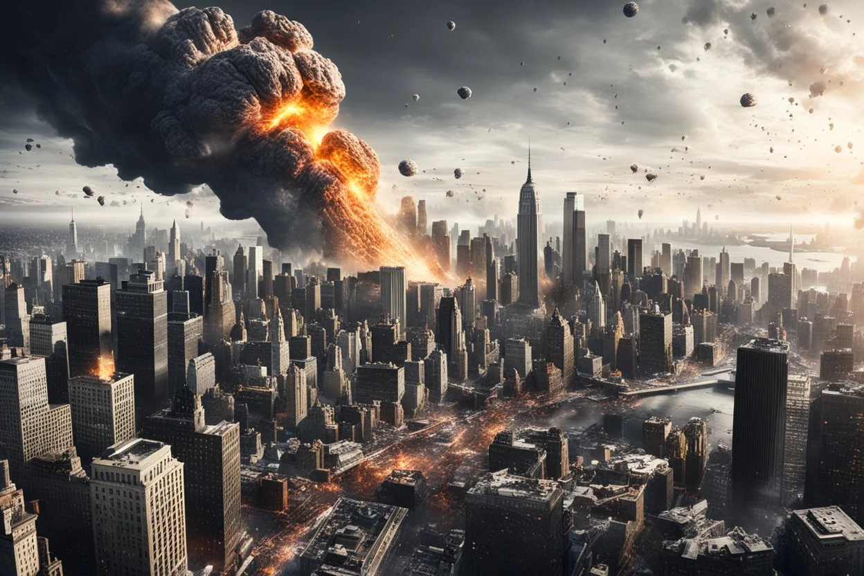 create a wildly imaginative otherworldly, chaotic total destruction of New York City from a super massive asteroid impact, highly detailed, digital composite, 8k,