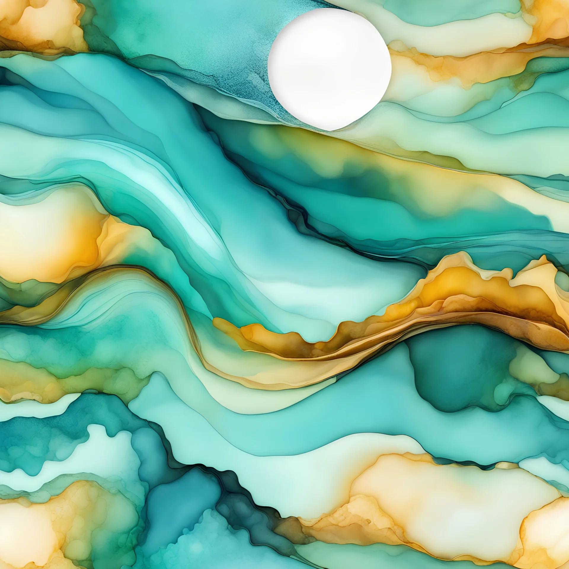 Alcohol ink art pattern. Vibrant, fantasy, delicate, ethereal. Sea. Shades of blue, teal, aqua, turquoise, white. waves on shore. Sun. colorful beach. Background ink drip.