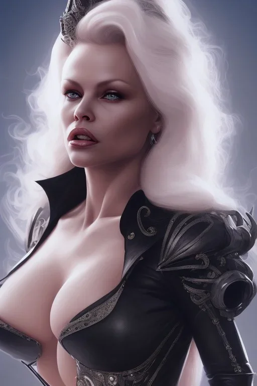 Pamela Anderson as evil queen in black leather, leather, busty, cleavage, angry, stern look. character design by cory loftis, fenghua zhong, ryohei hase, ismail inceoglu and ruan jia. unreal engine 5, artistic lighting, highly detailed, photorealistic, fantasy