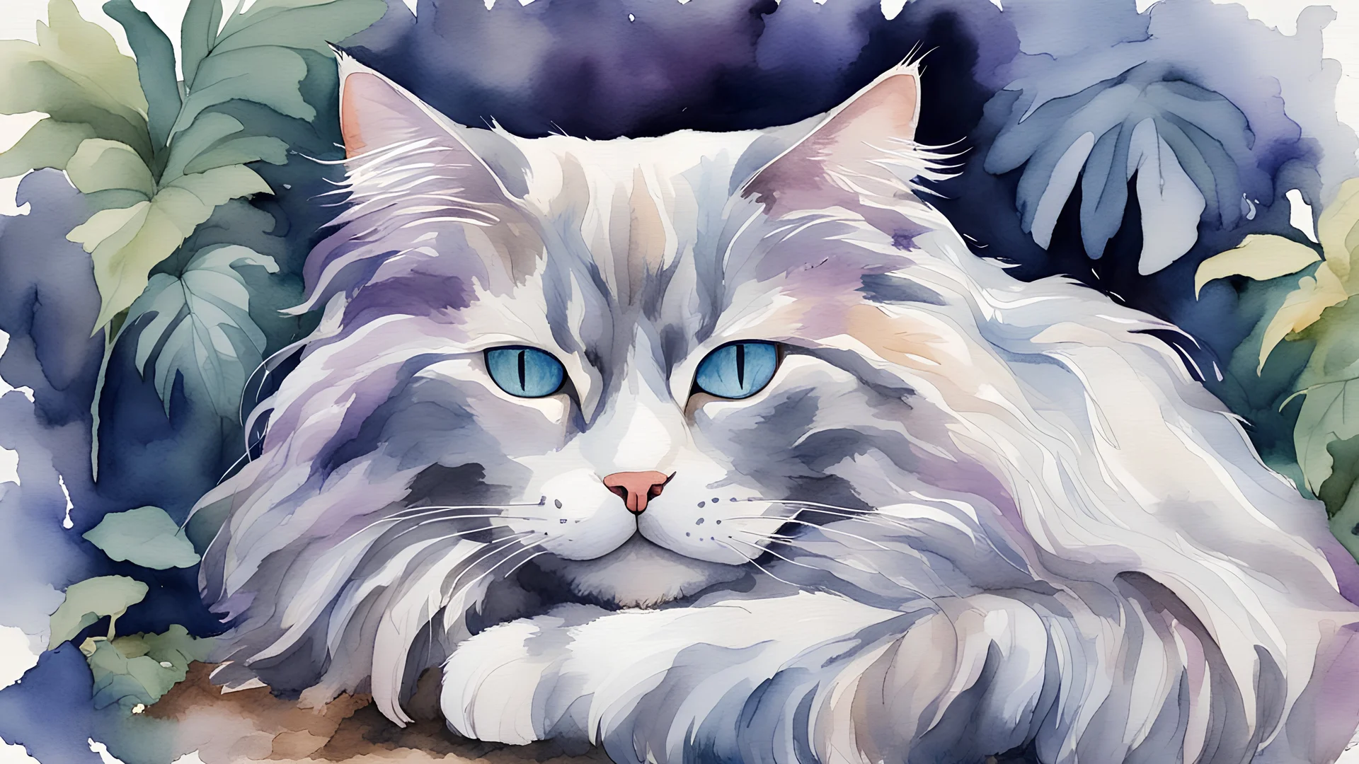 Watercolor of a long-haired cat with intense colors asleep in the jungle. Colors like blue violet gray black white.
