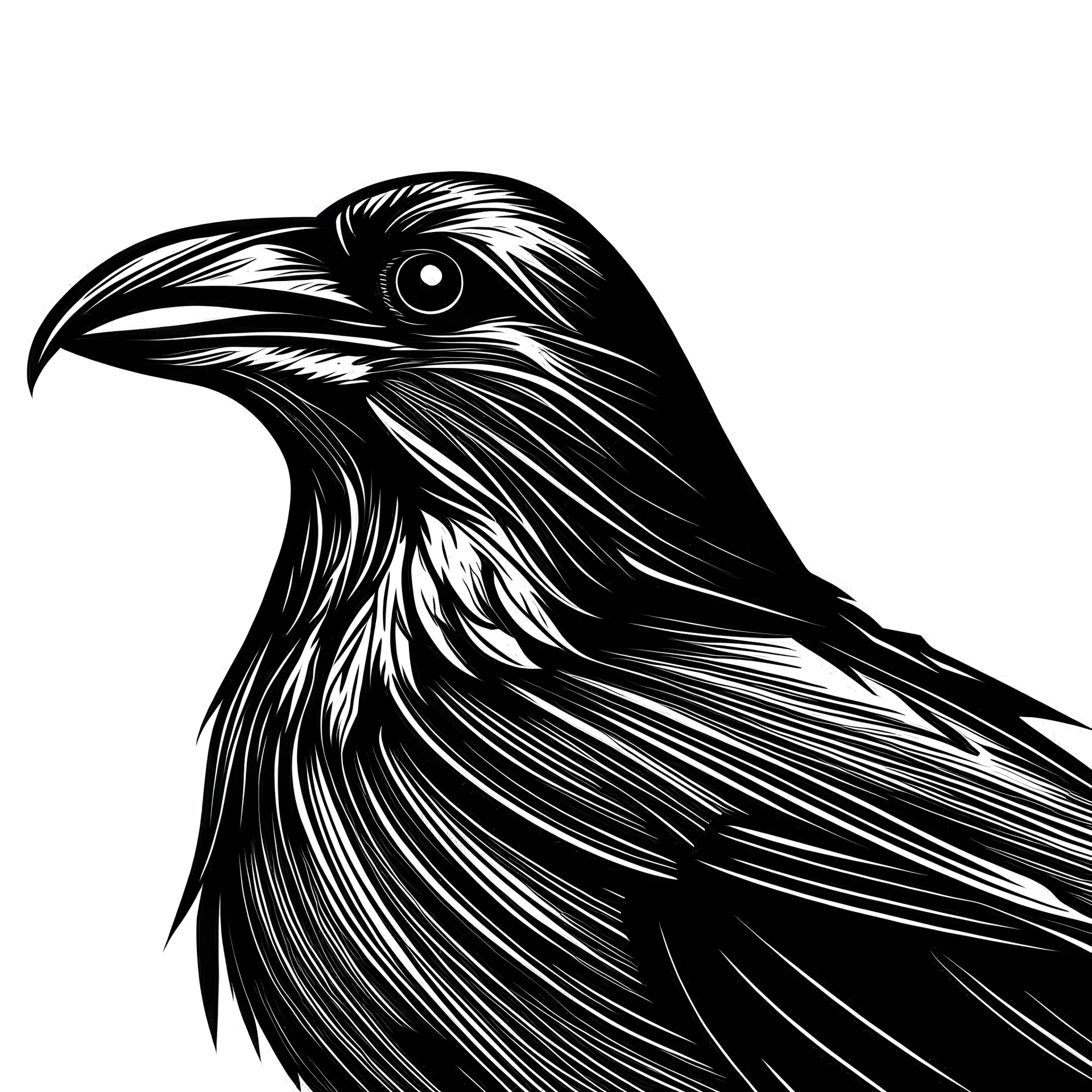 waist-length bust black raven, profile, open mouth, linocut style, white background, empty space around the head, minimalism, artistic deformation of the head shape, empty space at the back of the head