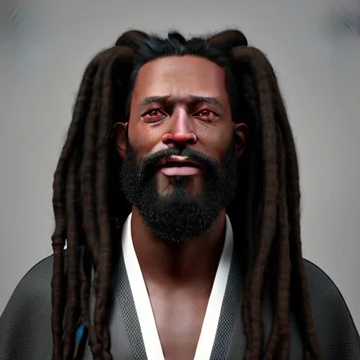 a black man with long dreadlocks, an unkempt beard, and colorful robes.