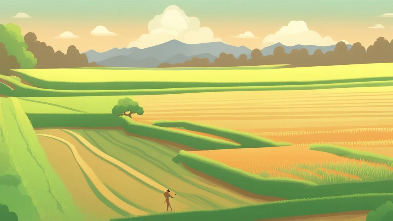 Rice field，Trees，Warm color palette，Animation，A lovely grasshopper