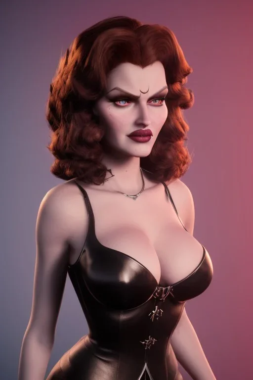 Rita Hayworth as evil queen in black leather, busty, cleavage, curvy, angry, stern look. character design by cory loftis, fenghua zhong, ryohei hase, ismail inceoglu and ruan jia. unreal engine 5, artistic lighting, highly detailed, photorealistic, fantasy