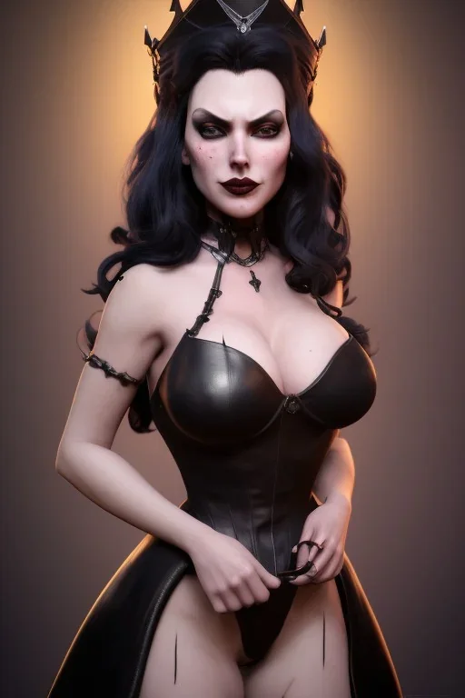 Amy Dumas as evil queen in black leather gown, evil, busty, cleavage, curvy, angry, stern look. character design by cory loftis, fenghua zhong, ryohei hase, ismail inceoglu and ruan jia. unreal engine 5, artistic lighting, highly detailed, photorealistic, fantasy