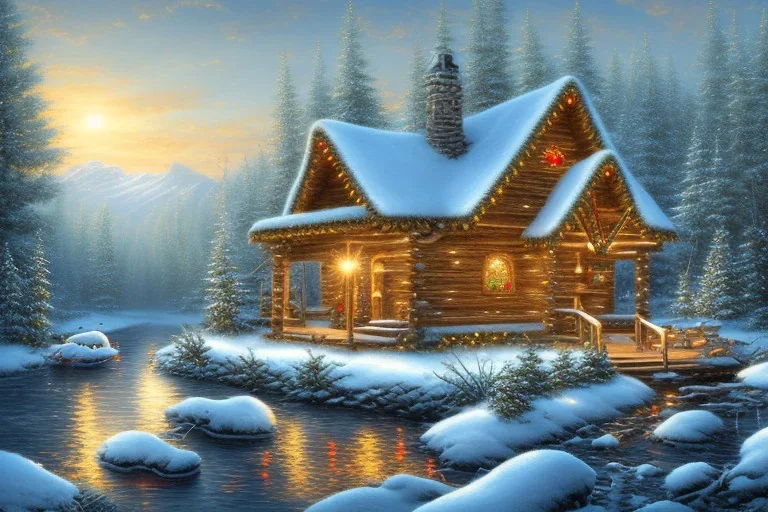 Christmas cabin river mountain