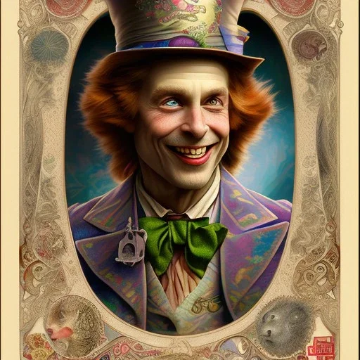 "Mad Hatter" book young man character of "Alice in the wonderland", elegant,sarcastic smile, by Disney,Chie Yoshii,alphonse mucha