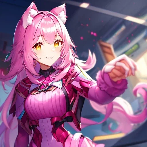 Clear focus,High resolution,High quality, Smiling, Pink long fluffy hair, Pink cat ears, Yellow eyes, Wearing a pink mech uniform,