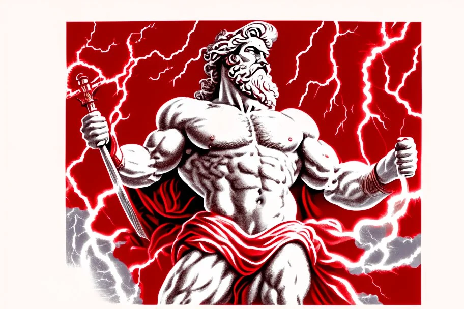 Detailed and realistic illustration of Greek god Zeus holding holding lightning. Vintage style illustration. Red and white lightning. Ultra high resolution.