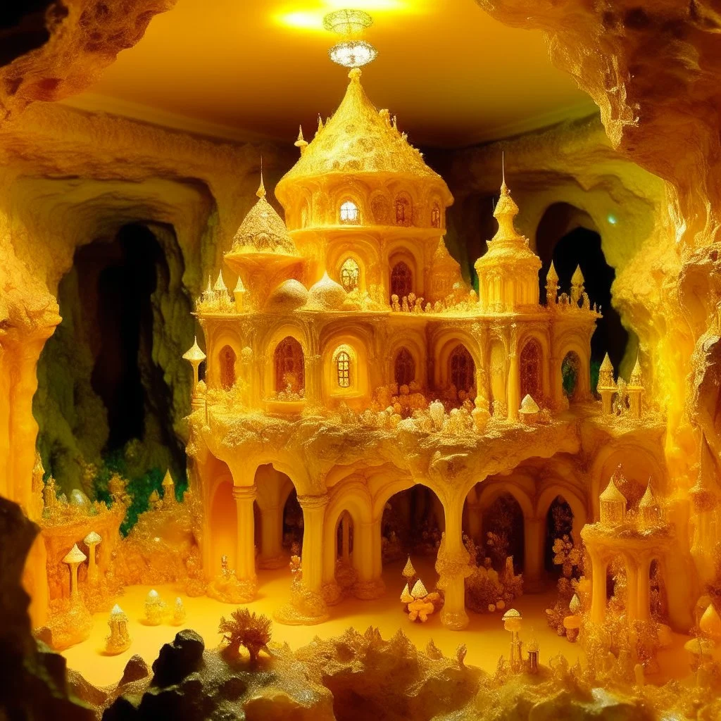 An orangish yellow palace with crystals, gems, and relics designed in cave paintings painted by Cai Jia