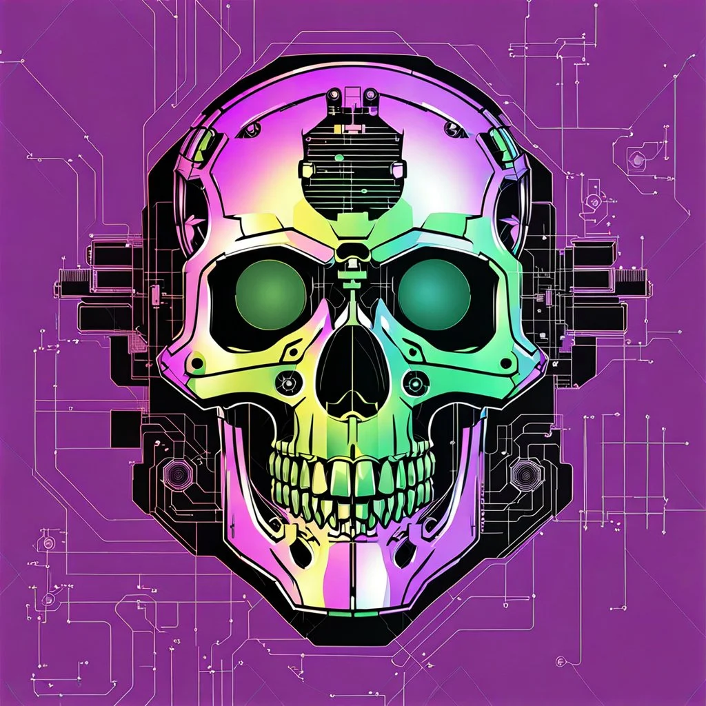 FLAT VECTOR LAYERED IMAGE OF CYBERNETIC SKULL PARTS IN A SCHEMATIC, BLACK AND WHITE, AUTOCAD, FINE LINE BLUEPRINT,