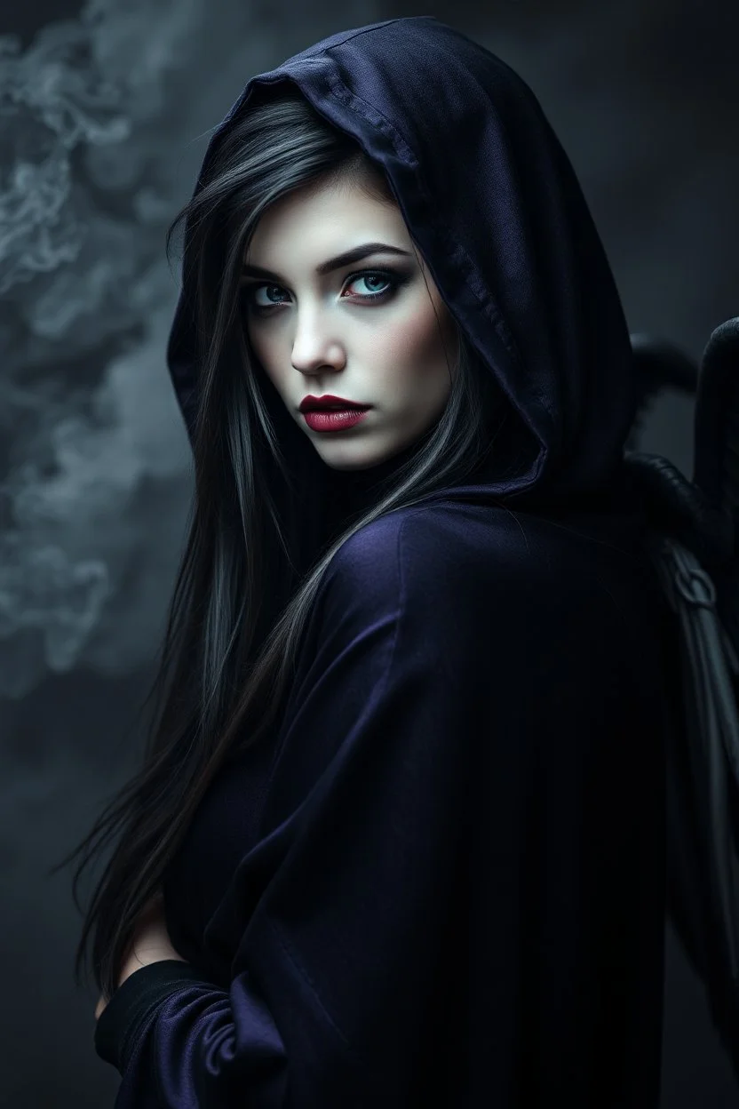 portrait a dark fairy woman with a pale face, long dark hair lookin at the camrea, in a dark purple shiny black hooded cloak, suggestive deep dark gaze, dark lips, impressive, perfect, cold beauty with dark wings on back, dark, sad, gothic mood, atmospheric, smoke, high detalied, high realistic, photorealistic, blur smoky background with dark shadows