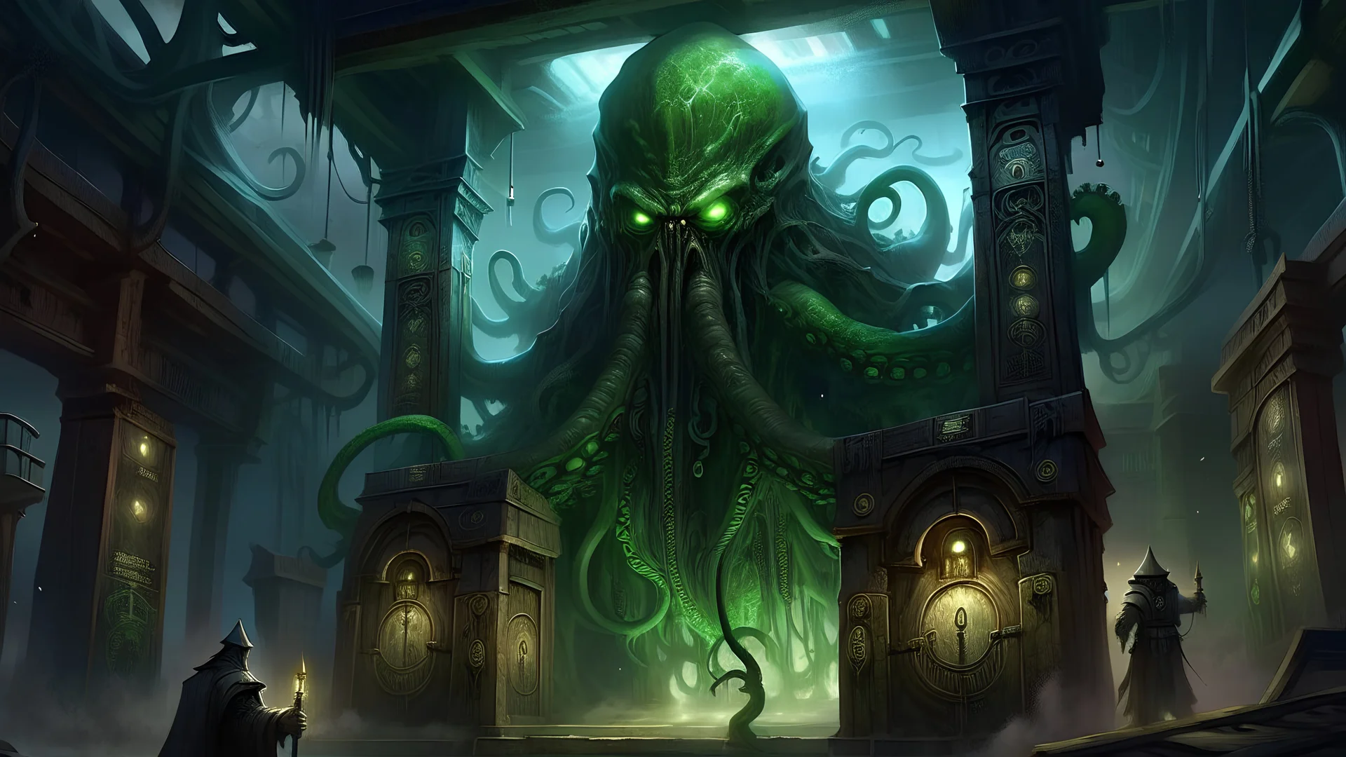 Please generate an LEGENDARY image with CTHULU stepping through a portal in a Cyberpunk cloud city.