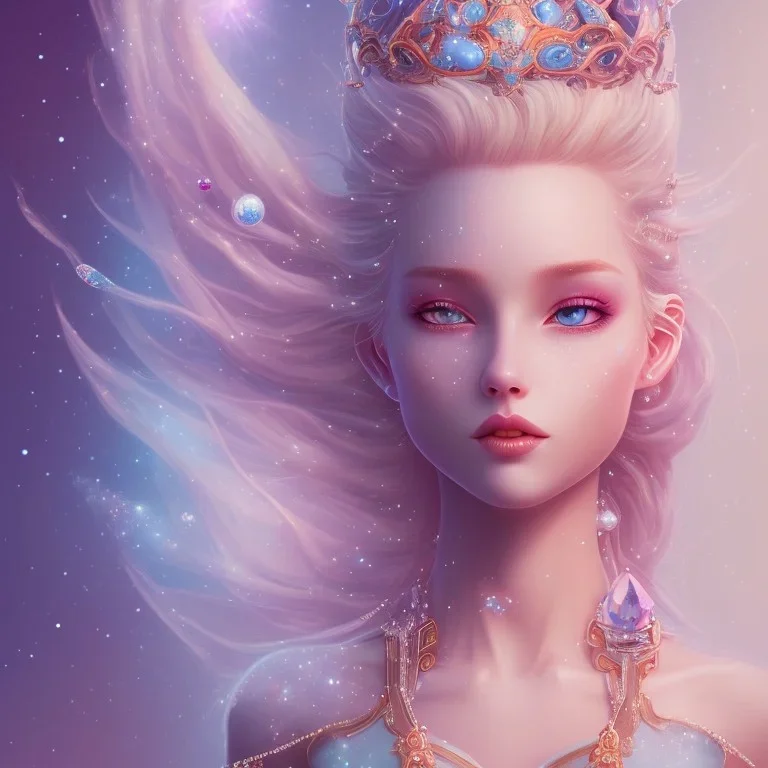 cosmic petit prince belle fine, profil de trois quart, grand front cosmique, peau bleu cristalline, yeux bleu, perle sur le front long cheveux blond et rose etoilé, cristaux sur le corps, collier de grande princesse, levres souriante, très jolie sourire