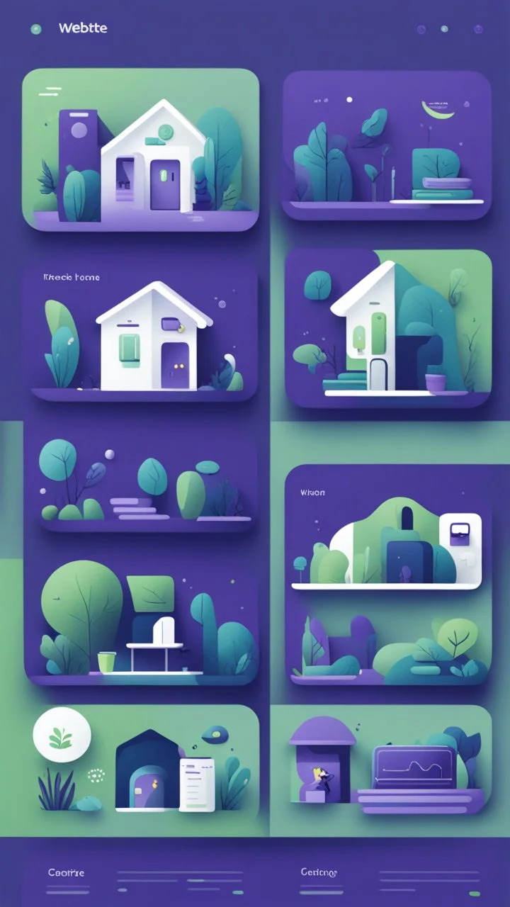 illustrations with a simple art style that show webiste's home page use dark blue-purple and bright green