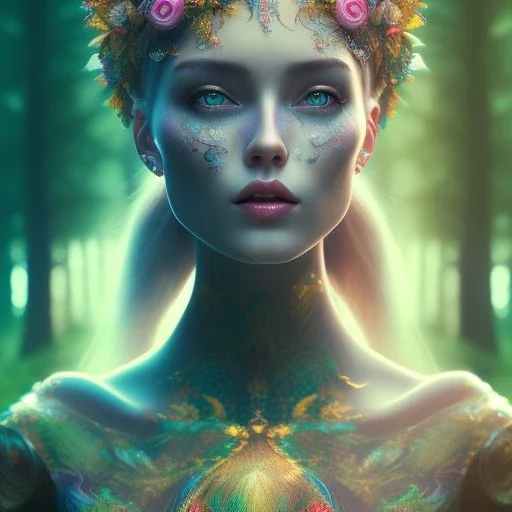  woman in magical forest, Character Portrait, bright colours,face, magnificent, majestic, highly intricate gigantic, Realistic photography, incredibly detailed, ultra high resolution, 8k, complex 3d render, cinema 4d